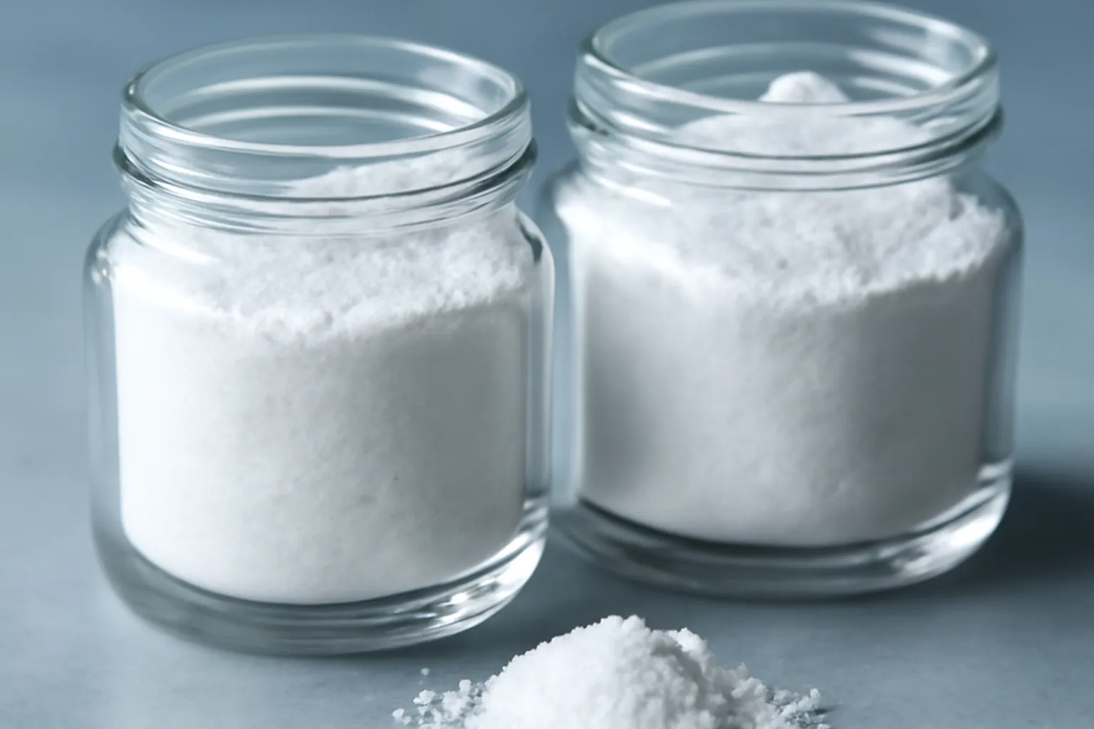 Pot de créatine HCl et cuillère doseuse posés sur une table à côté d'un verre d'eau