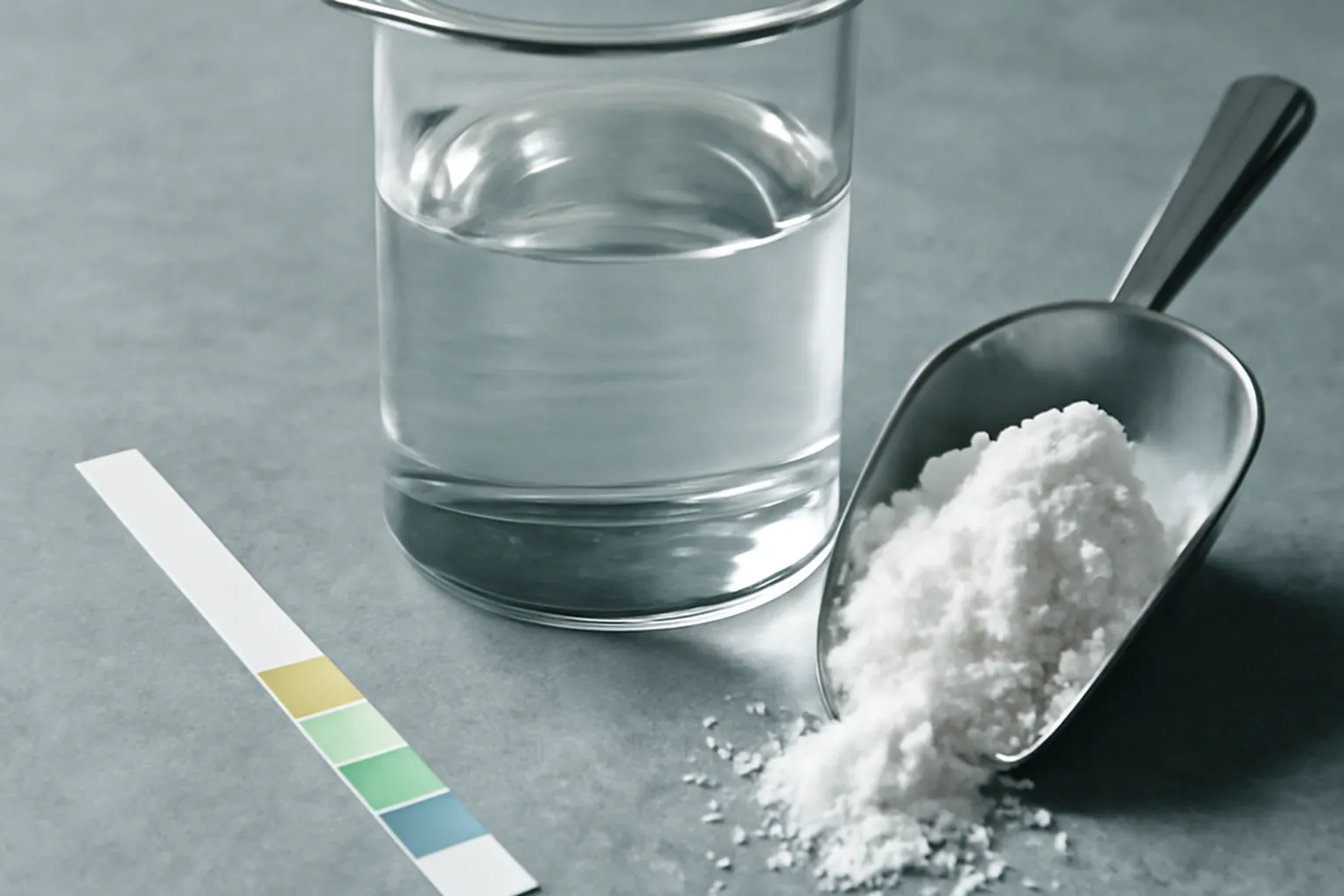 Pot de créatine tamponnée Kre-Alkalyn à côté d'une cuillère doseuse et d'un verre d'eau