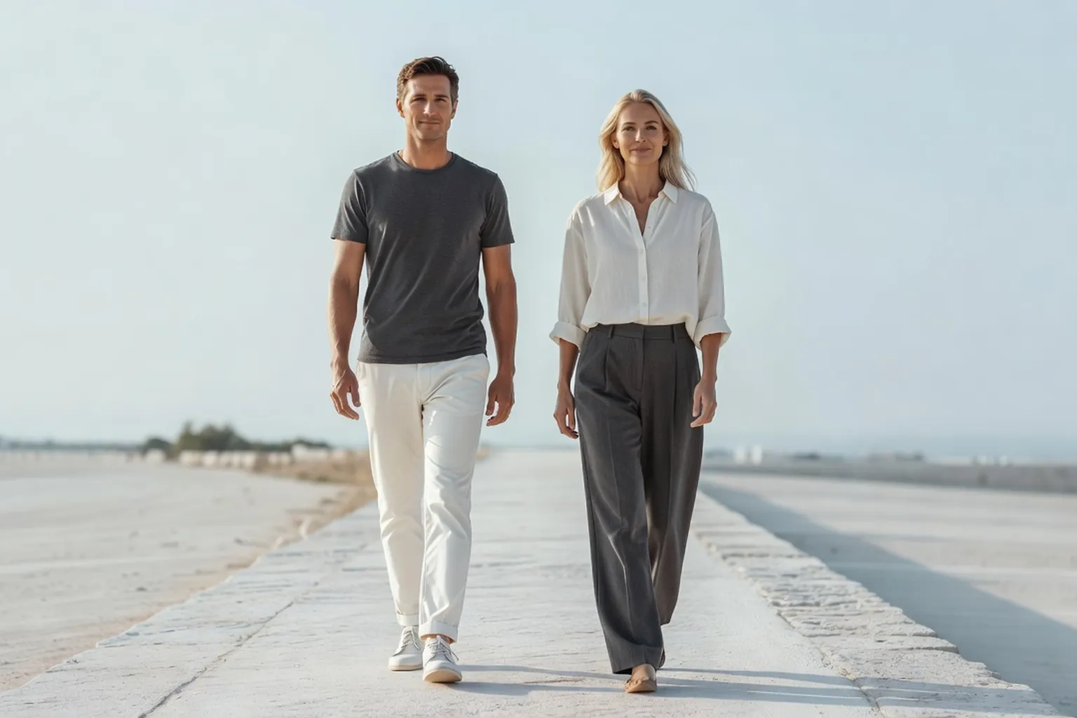 Couple marchant ensemble dans une lumière douce de fin de journée