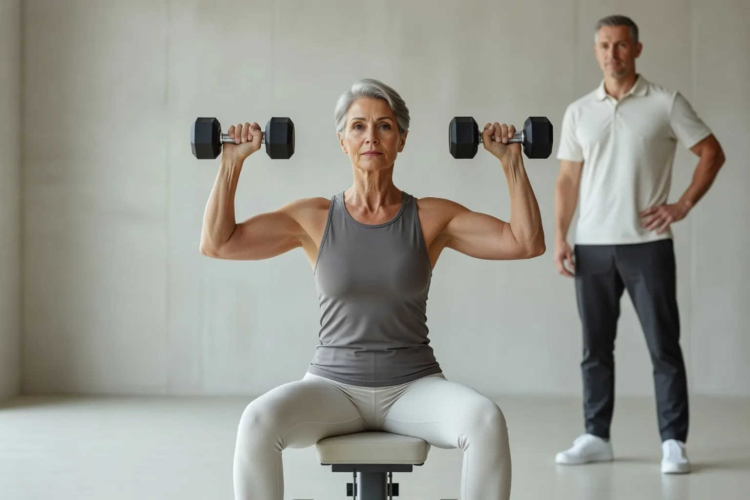Femme de soixante ans réalisant un exercice avec haltères en salle
